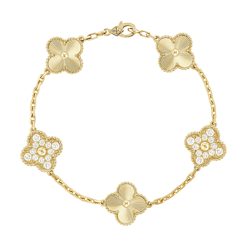18K Vintage Alhambra Five Motifs Diamonds Clover Bracelet