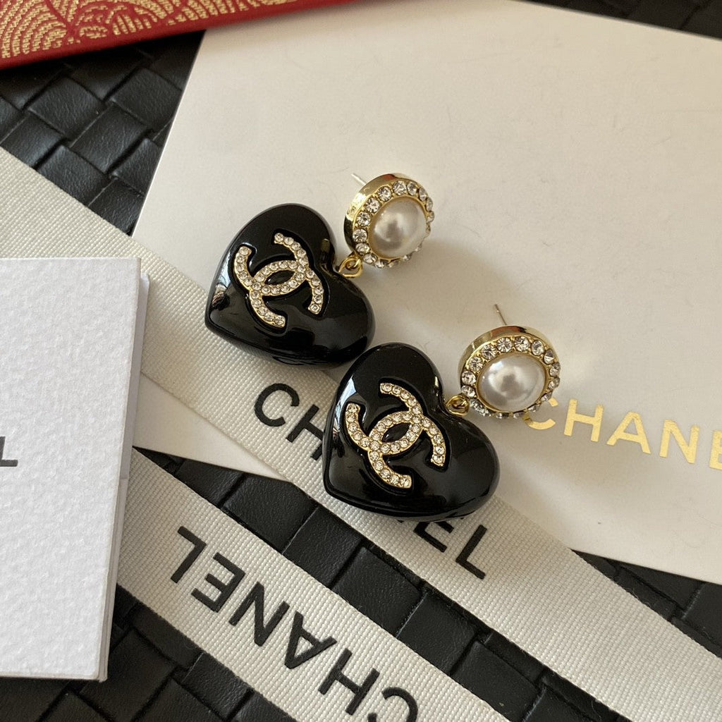 18K CC Black Heart Earrings