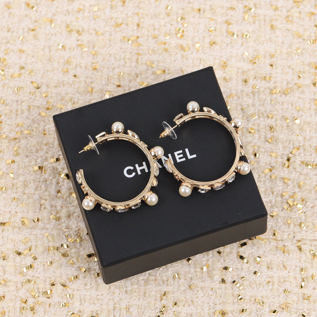 18K CC Pearl Crystal Earrings