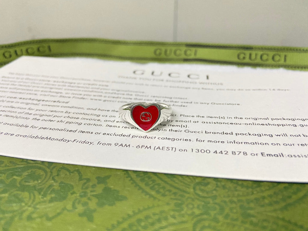 Double G Interlocking G Red Enamel Heart Ring