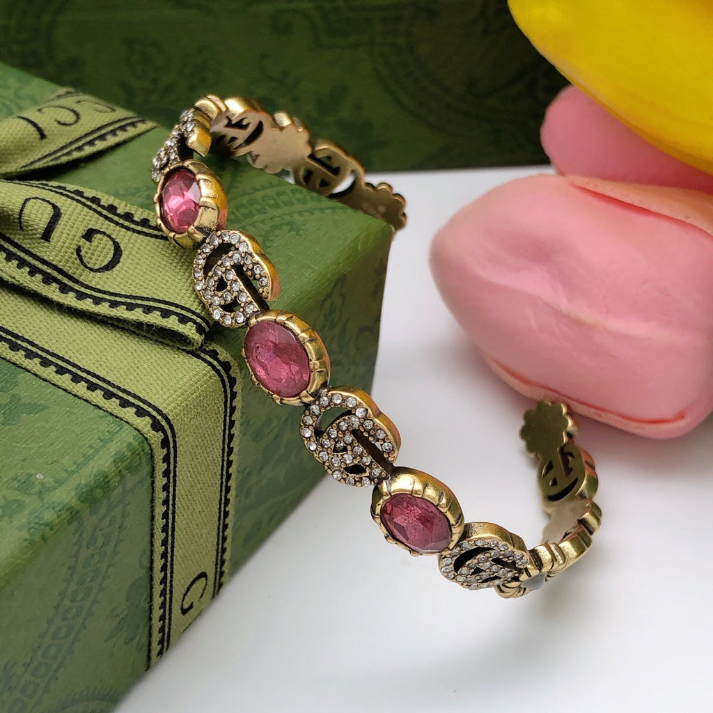 18K Double G Red Crystals Open Cuff Bracelet