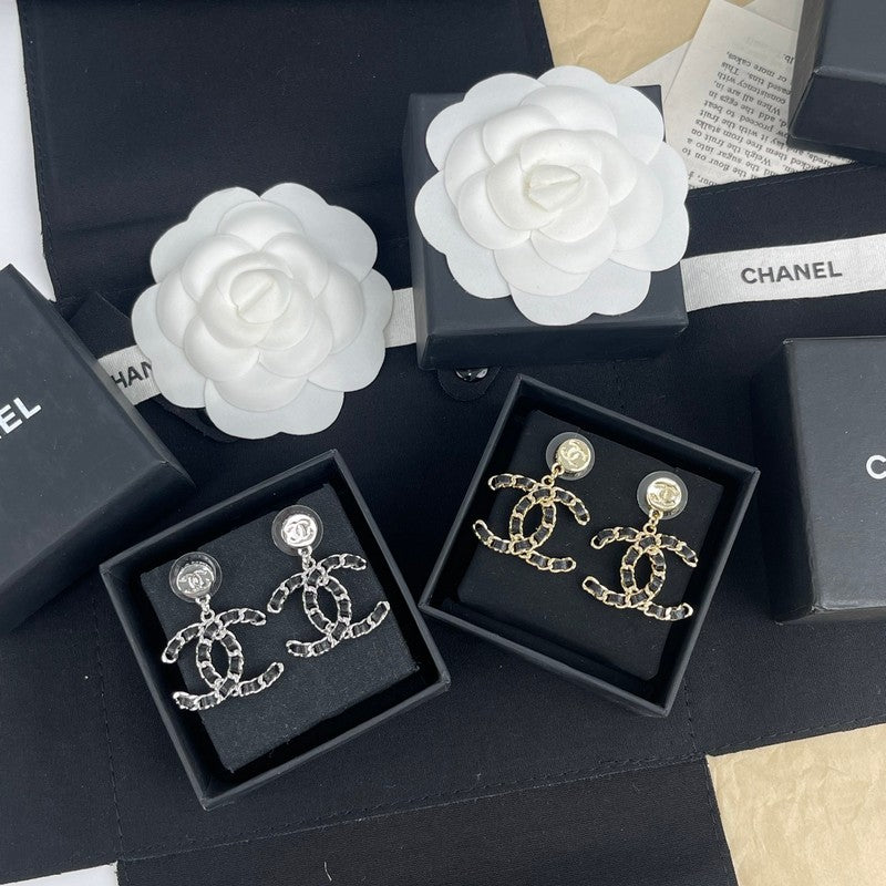 18K CC Leather Gold Earrings