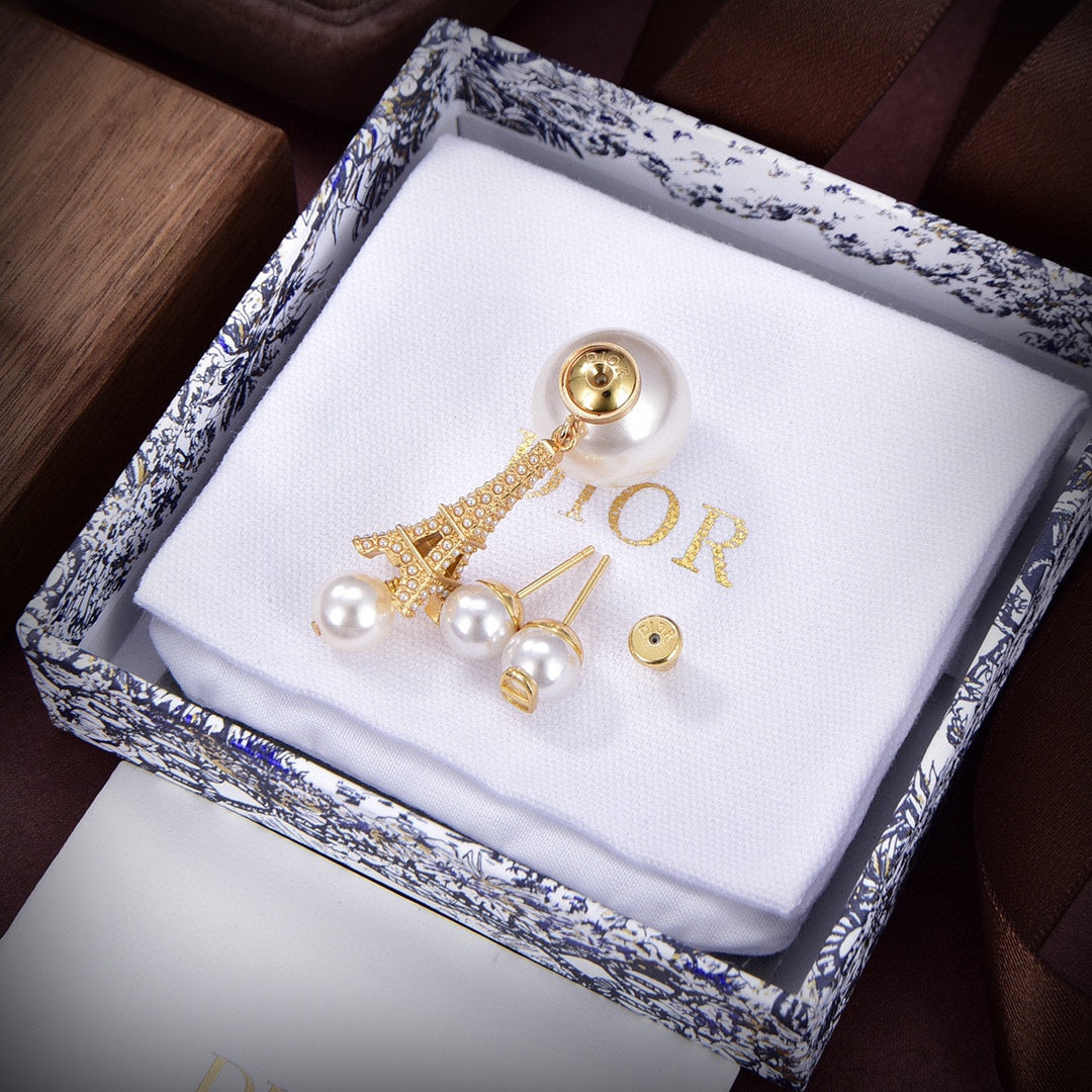 18K CD Tribales Eiffel Tower Charm White Pearls Earrings